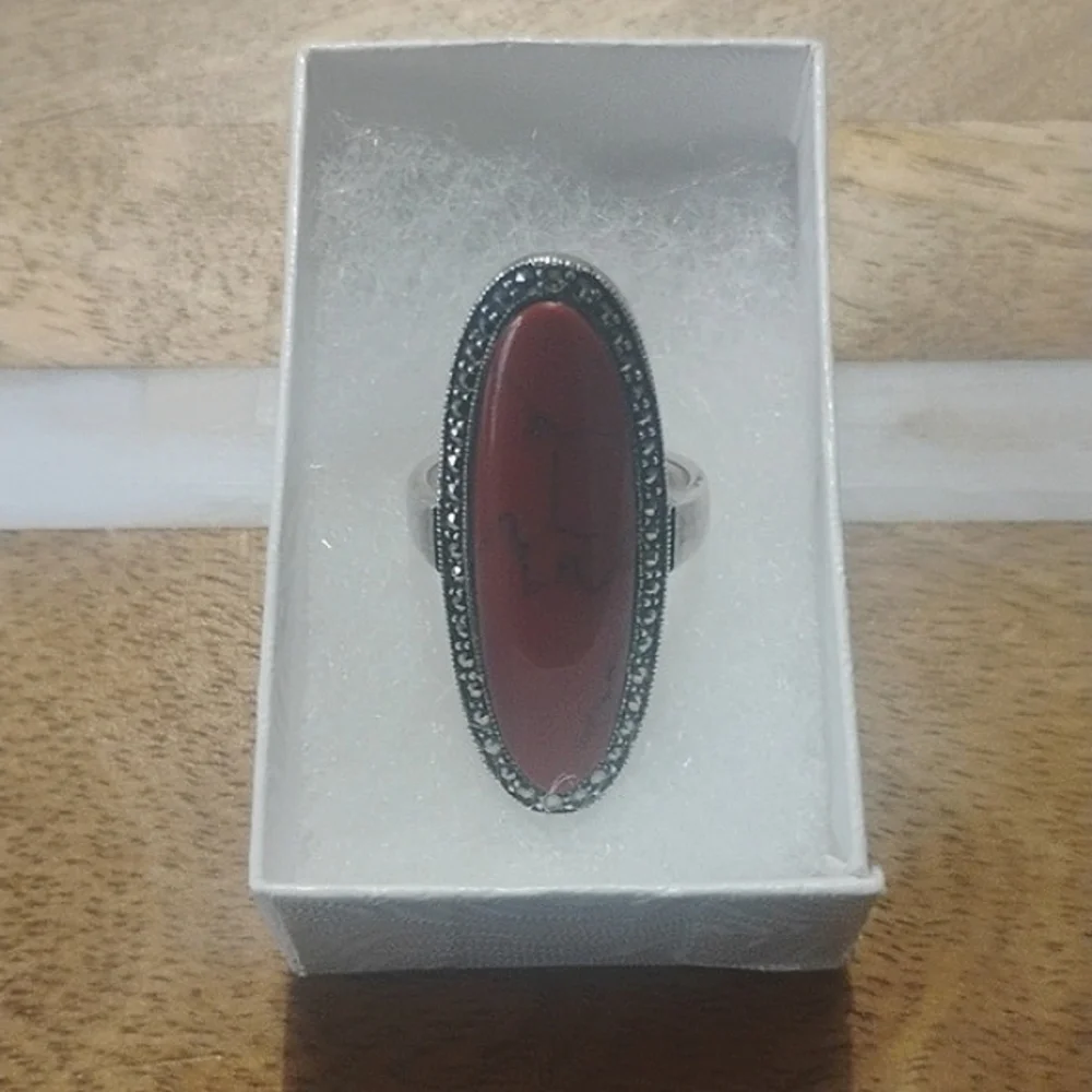 Red Jasper Marcasite Silver Ring, Size 9